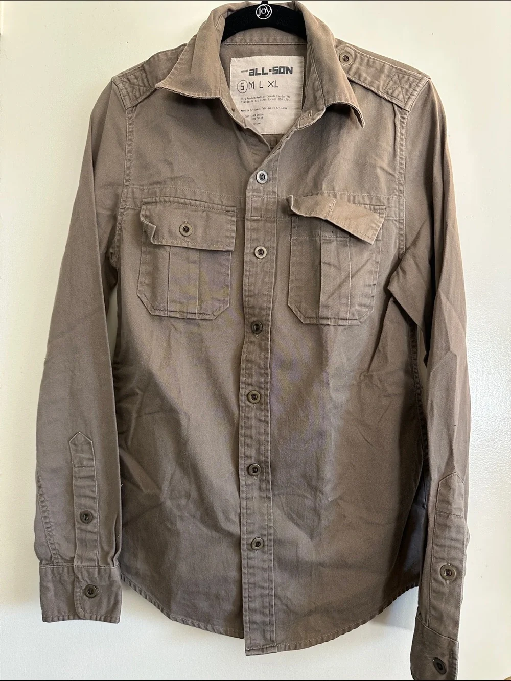 All-Son from Urban Outfitters Men's Long Sleeve Button-Up Jacket Shirt in Taupe